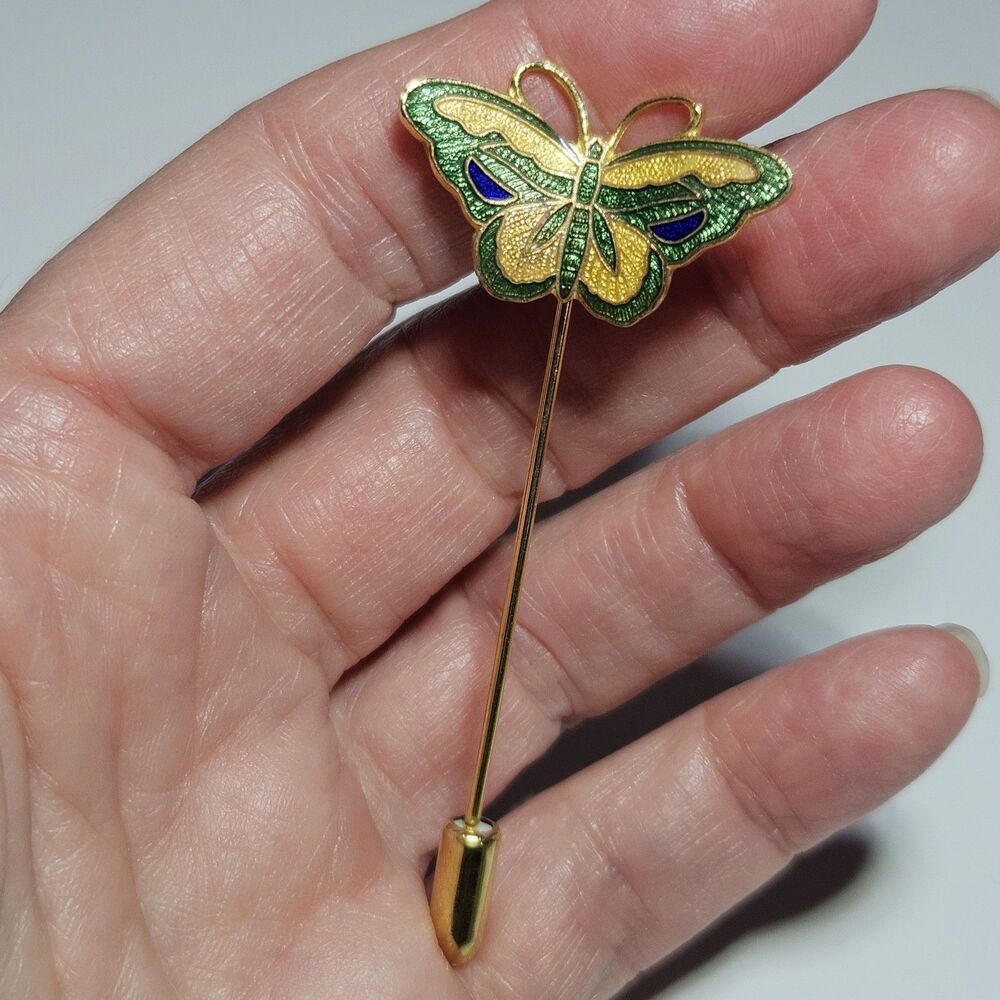 Gold Tone Yellow Green Cloisonne Butterfly Stick Lapel Hat Pin